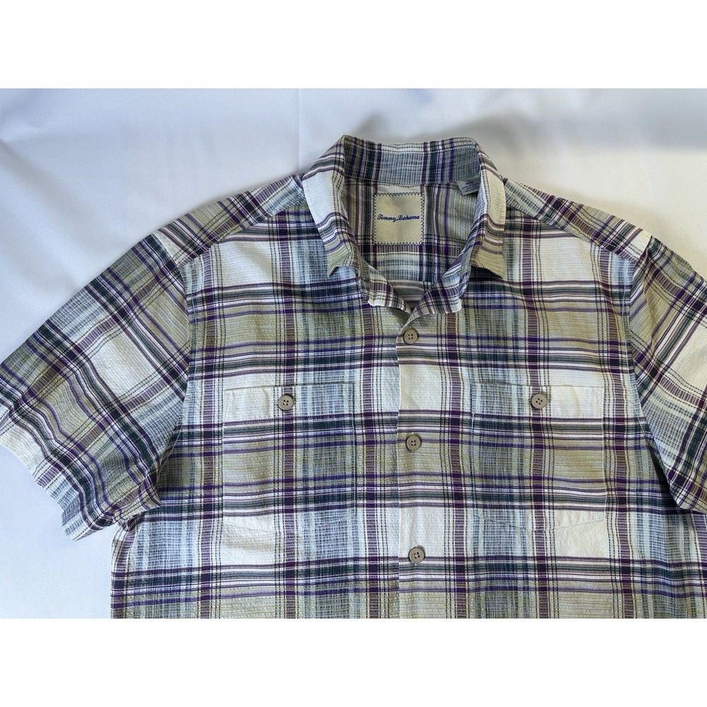 Tommy Bahama‎ Shirt Men's Medium Plaid Button Up Silk Cotton Blend Pockets